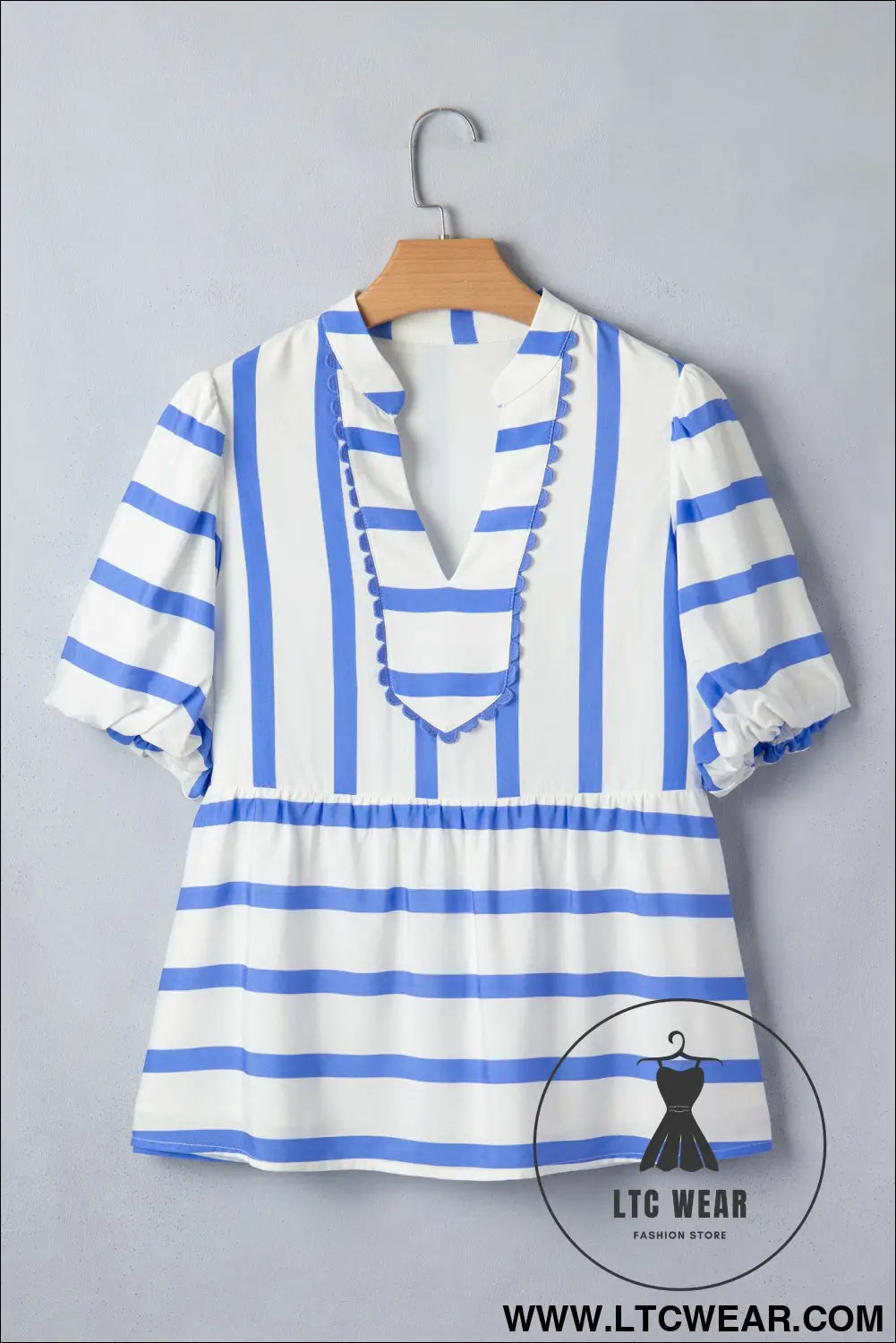 Sky blue stripe split v neck puff sleeve summer blouse - blouses & shirts