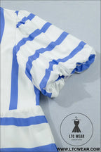 Sky blue stripe split v neck puff sleeve summer blouse - blouses & shirts
