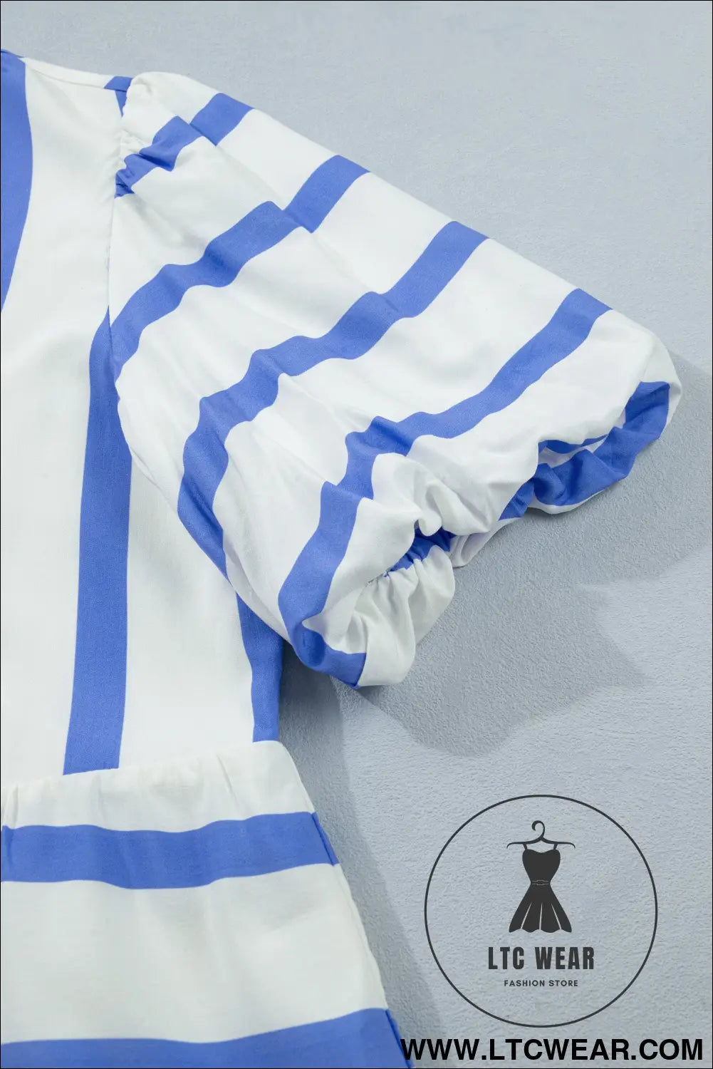 Sky blue stripe split v neck puff sleeve summer blouse - blouses & shirts