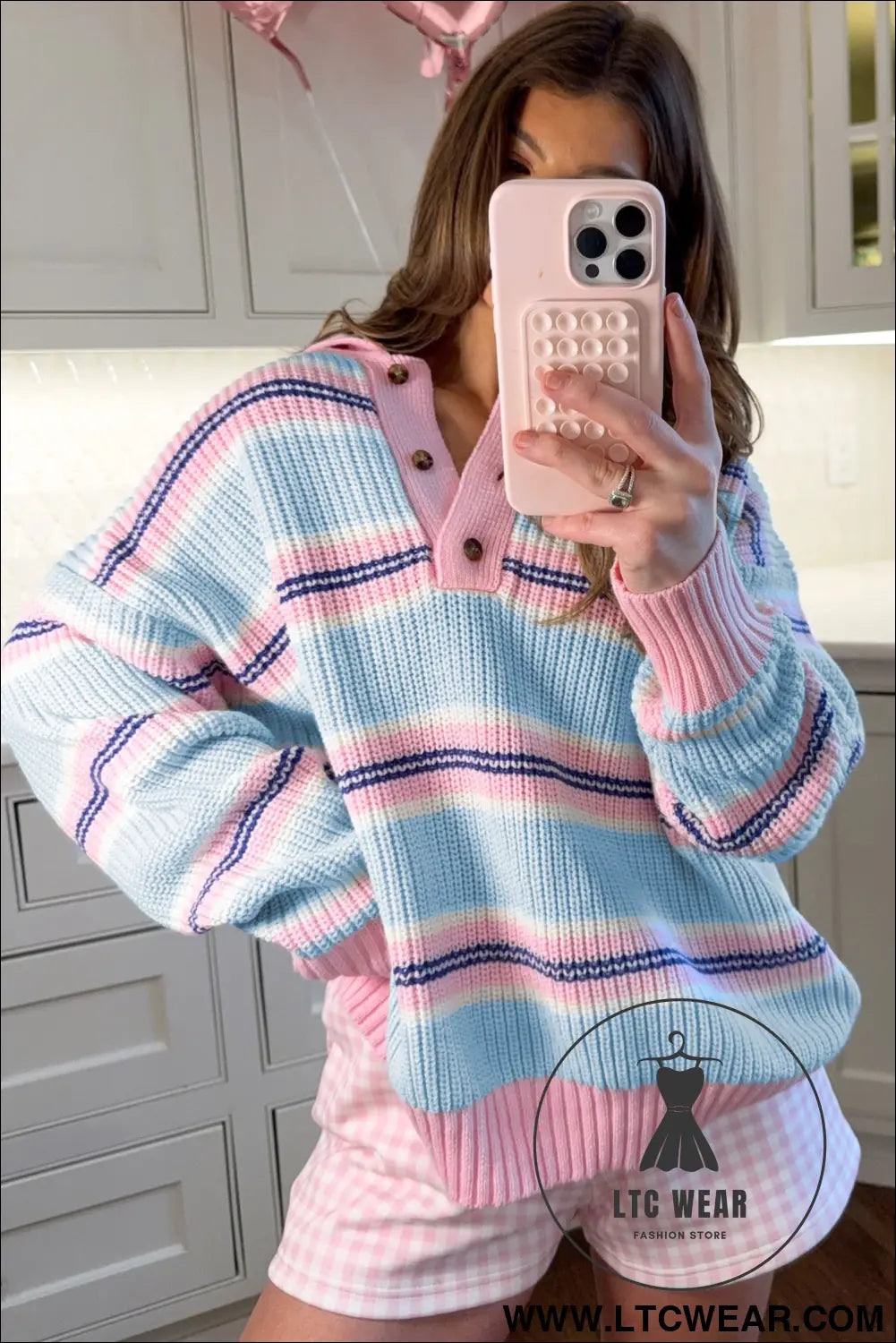 Sky Blue Stripe Striped Button Collar Long Sleeve Shift Fit Winter Knitwear Sweater