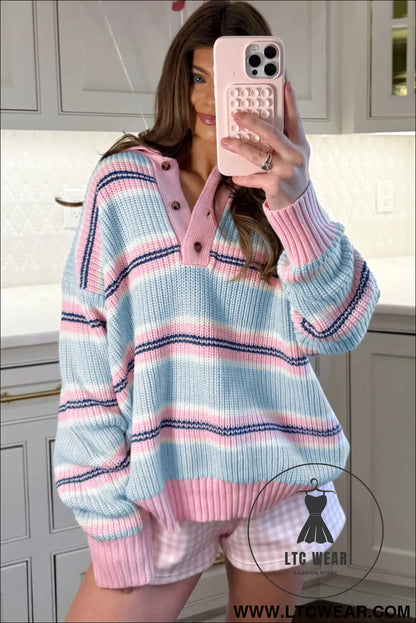 Sky Blue Stripe Striped Button Collar Long Sleeve Shift Fit Winter Knitwear Sweater