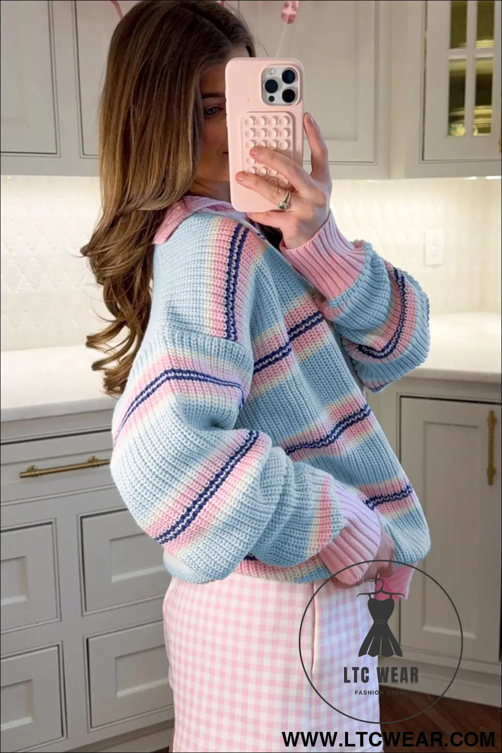 Sky Blue Stripe Striped Button Collar Long Sleeve Shift Fit Winter Knitwear Sweater