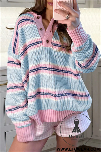 Sky Blue Stripe Striped Button Collar Long Sleeve Shift Fit Winter Knitwear Sweater