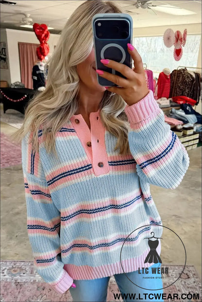 Sky Blue Stripe Striped Button Collar Long Sleeve Shift Fit Winter Knitwear Sweater
