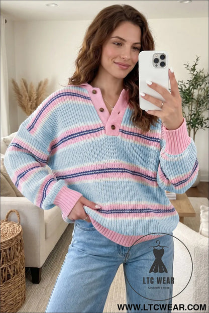 Sky Blue Stripe Striped Button Collar Long Sleeve Shift Fit Winter Knitwear Sweater