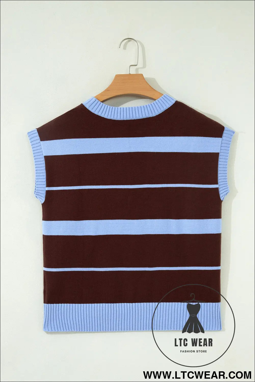 Sky blue stripe striped short sleeve round neck casual knit top - sweater vests