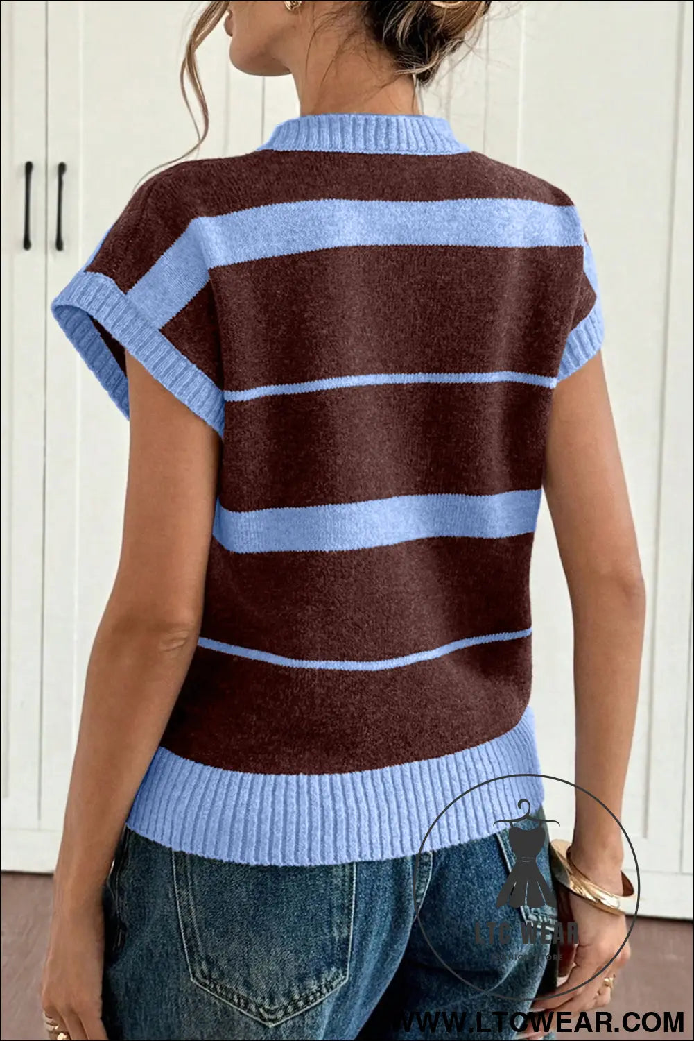Sky blue stripe striped short sleeve round neck casual knit top - sweater vests