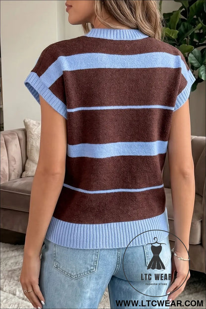 Sky blue stripe striped short sleeve round neck casual knit top - sweater vests