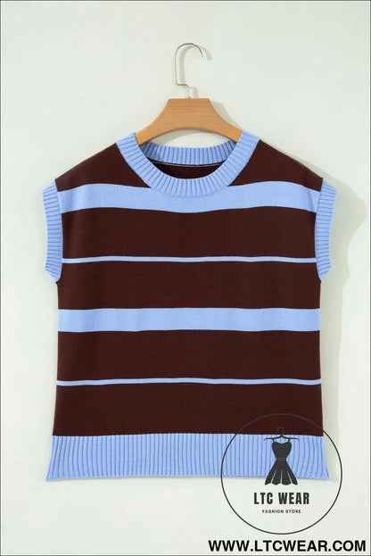 Sky blue stripe striped short sleeve round neck casual knit top - sweater vests