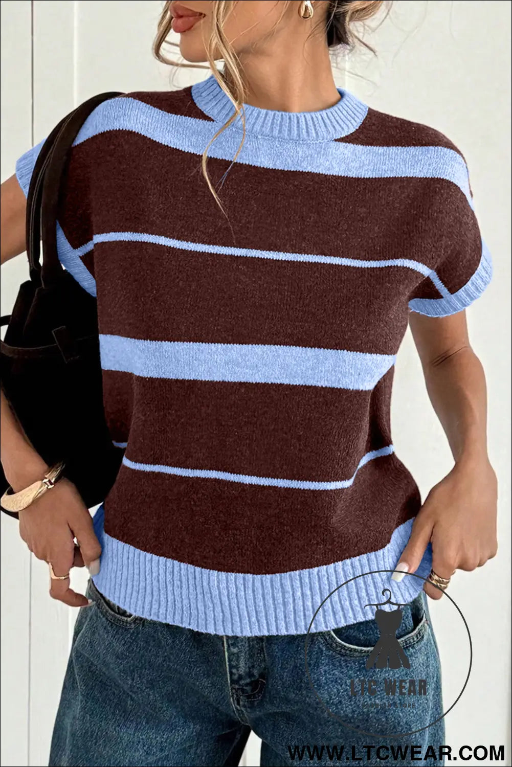 Sky blue stripe striped short sleeve round neck casual knit top - sweater vests