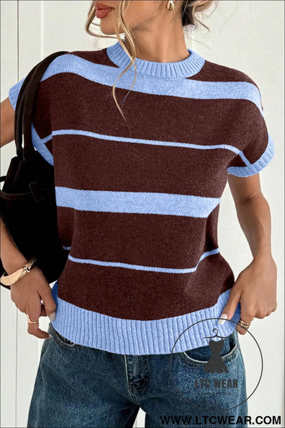 Sky blue stripe striped short sleeve round neck casual knit top - sweater vests