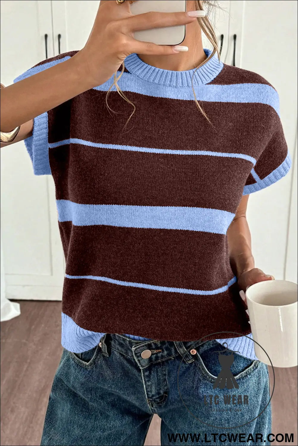 Sky blue stripe striped short sleeve round neck casual knit top - sweater vests
