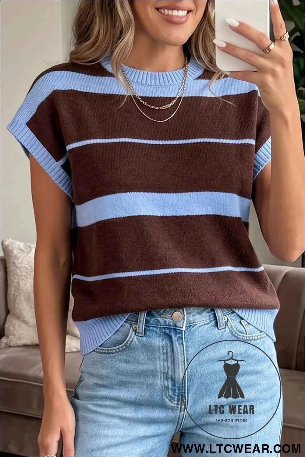 Sky Blue Stripe Striped Short Sleeve Round Neck Casual Knit Top
