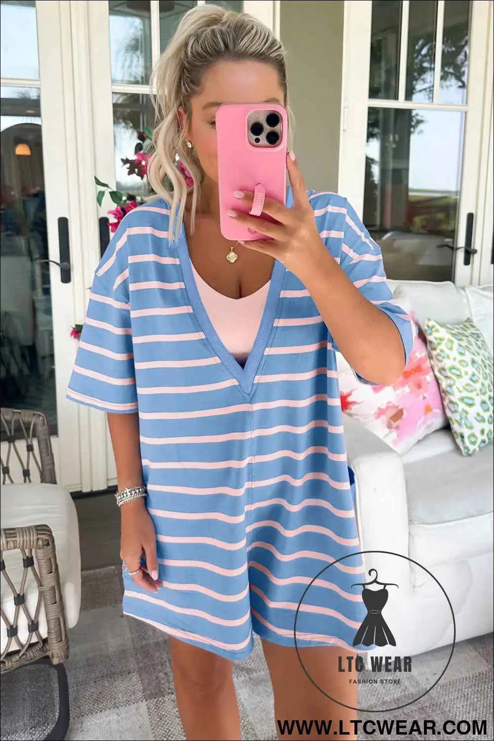 Sky Blue Stripe V Neck Short Sleeve Double Wear Loose Romper