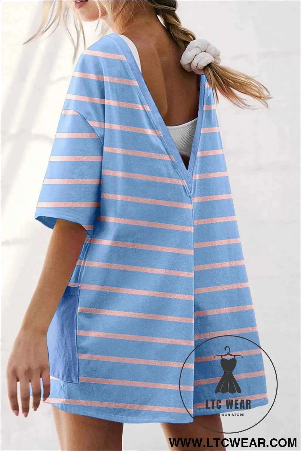 Sky Blue Stripe V Neck Short Sleeve Double Wear Loose Romper