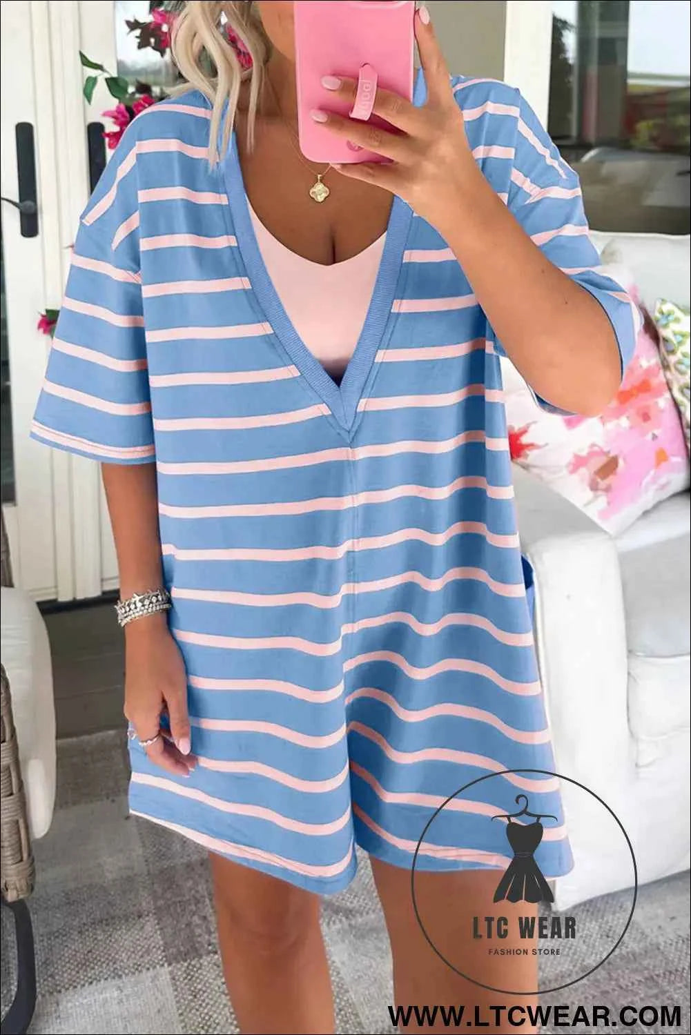 Sky Blue Stripe V Neck Short Sleeve Double Wear Loose Romper
