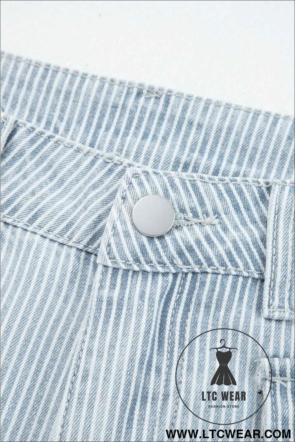 Sky Blue Striped Button Flap Pocket Cuffed Hem Wide Leg Jeans
