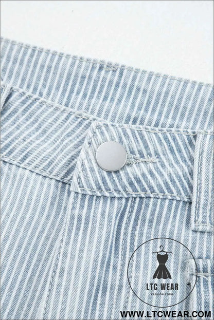 Sky Blue Striped Button Flap Pocket Cuffed Hem Wide Leg Jeans