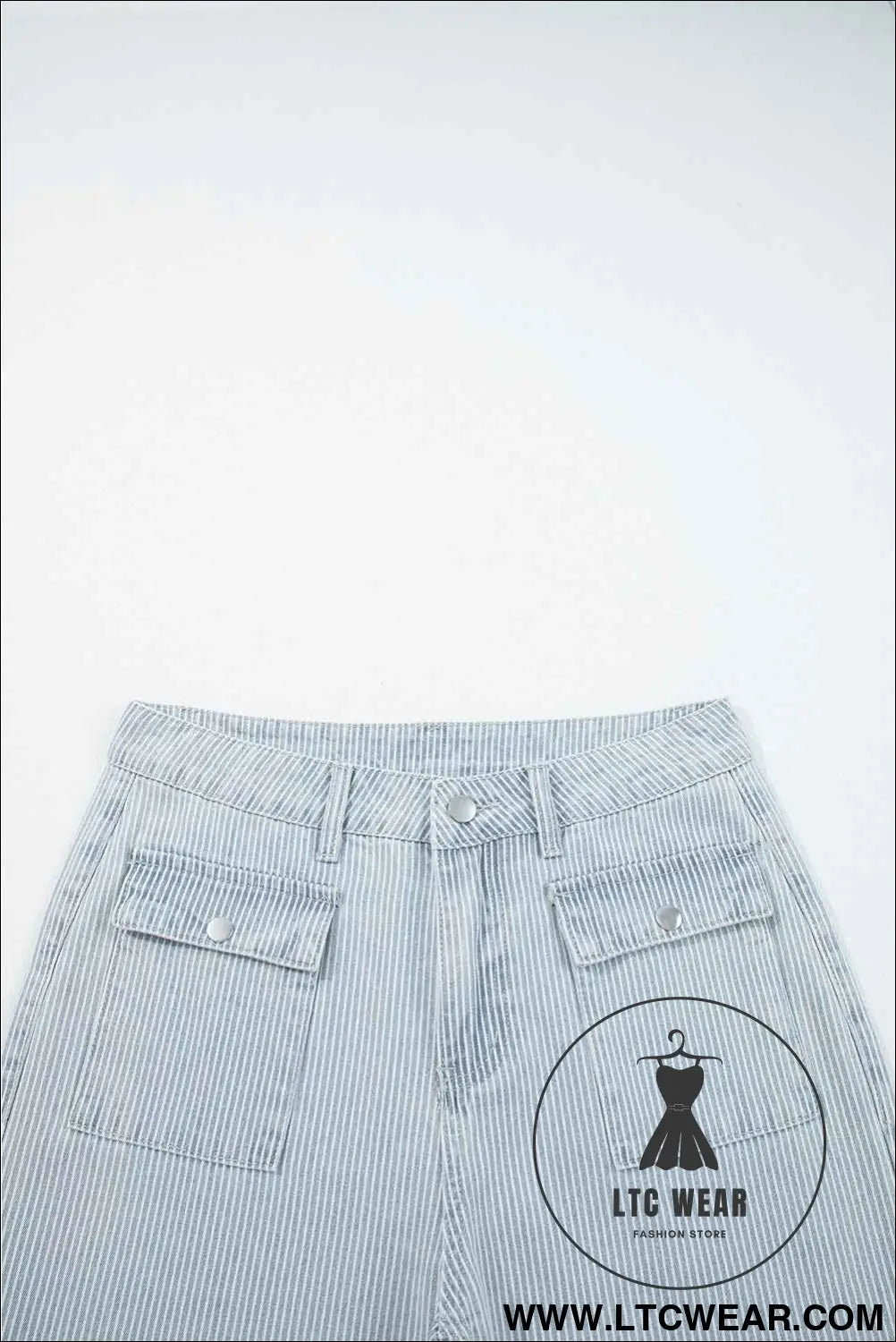 Sky Blue Striped Button Flap Pocket Cuffed Hem Wide Leg Jeans