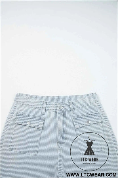 Sky Blue Striped Button Flap Pocket Cuffed Hem Wide Leg Jeans