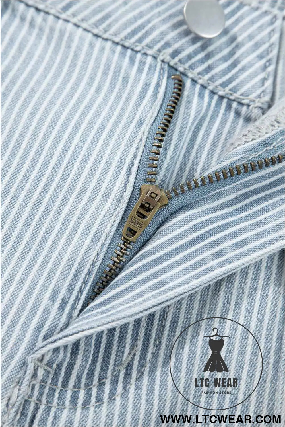 Sky Blue Striped Button Flap Pocket Cuffed Hem Wide Leg Jeans