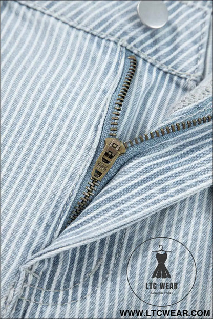 Sky Blue Striped Button Flap Pocket Cuffed Hem Wide Leg Jeans