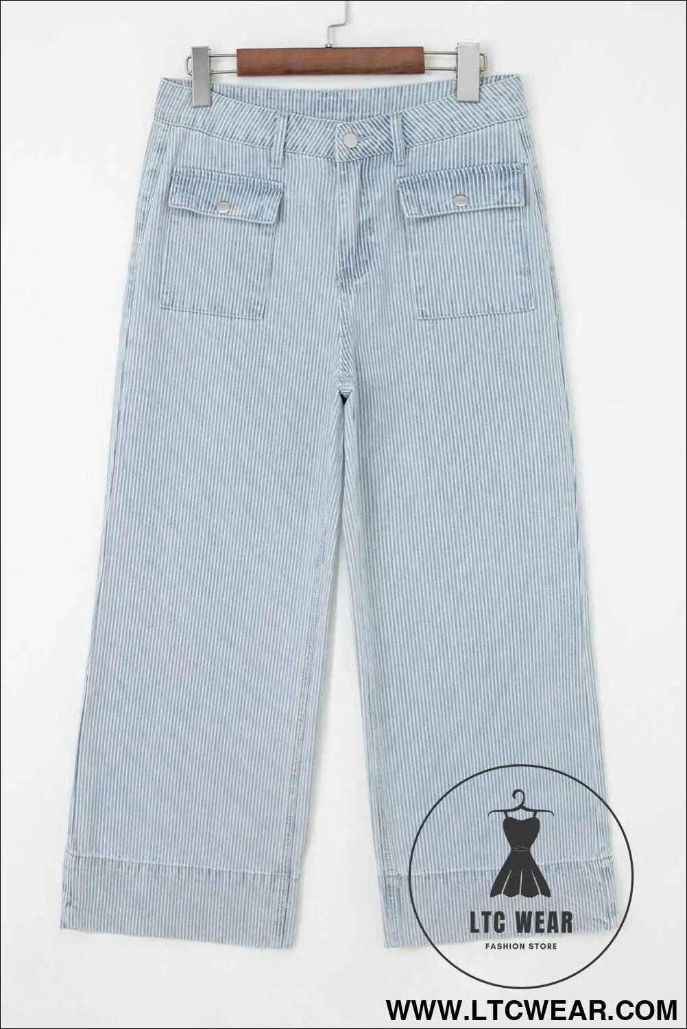 Sky Blue Striped Button Flap Pocket Cuffed Hem Wide Leg Jeans