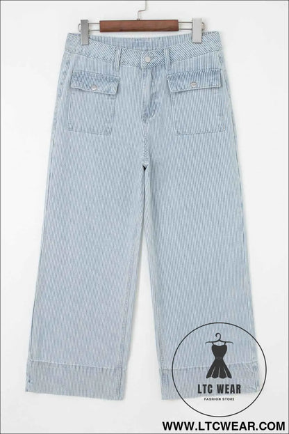Sky Blue Striped Button Flap Pocket Cuffed Hem Wide Leg Jeans