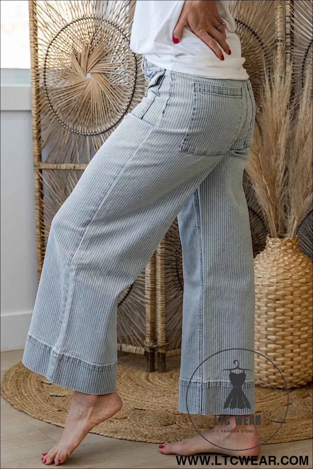 Sky Blue Striped Button Flap Pocket Cuffed Hem Wide Leg Jeans
