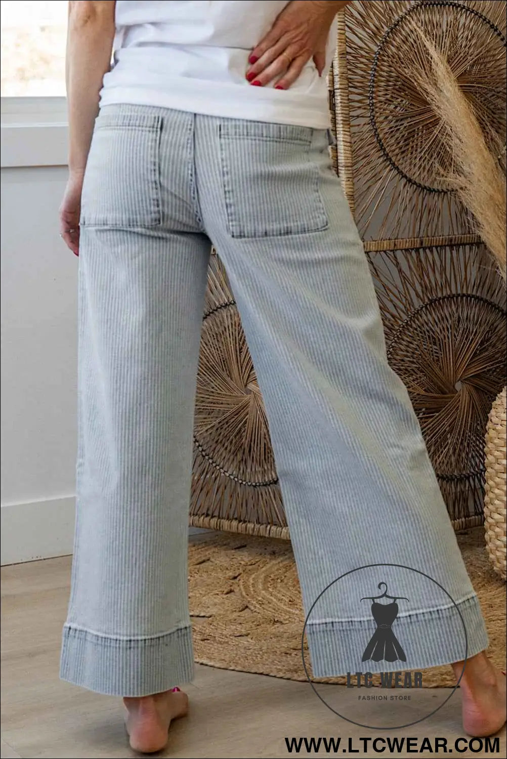 Sky Blue Striped Button Flap Pocket Cuffed Hem Wide Leg Jeans