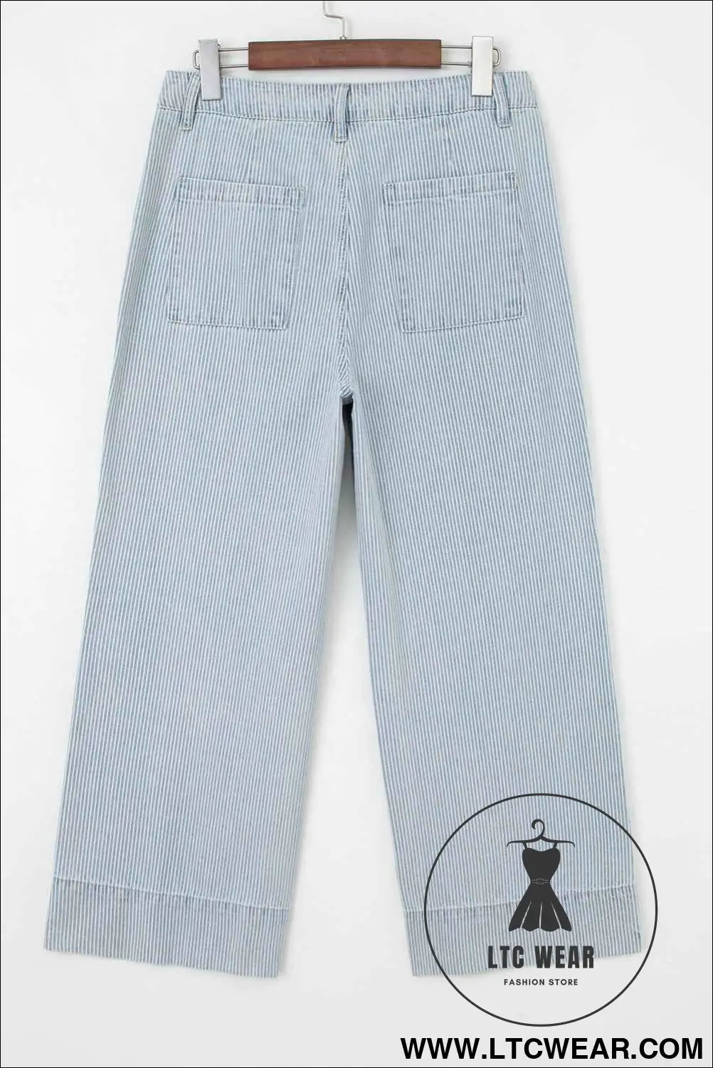 Sky Blue Striped Button Flap Pocket Cuffed Hem Wide Leg Jeans