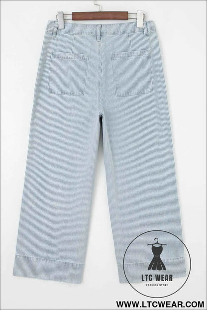 Sky Blue Striped Button Flap Pocket Cuffed Hem Wide Leg Jeans