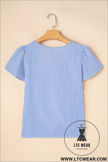 Sky Blue Striped Crochet Applique Boho Blouse - L.T.C Wear Online Fashion Store