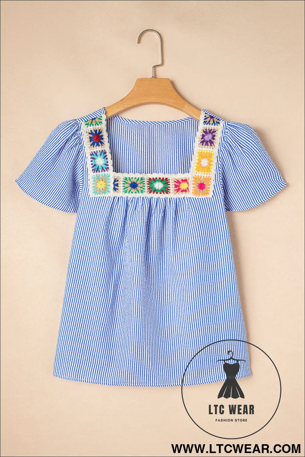 Sky Blue Striped Crochet Applique Boho Blouse - L.T.C Wear Online Fashion Store
