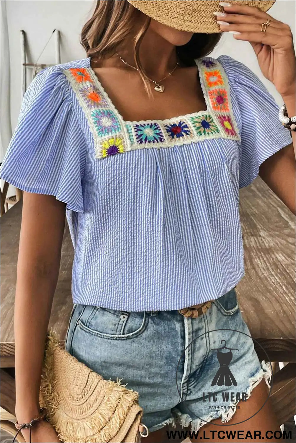 Sky Blue Striped Crochet Applique Boho Blouse