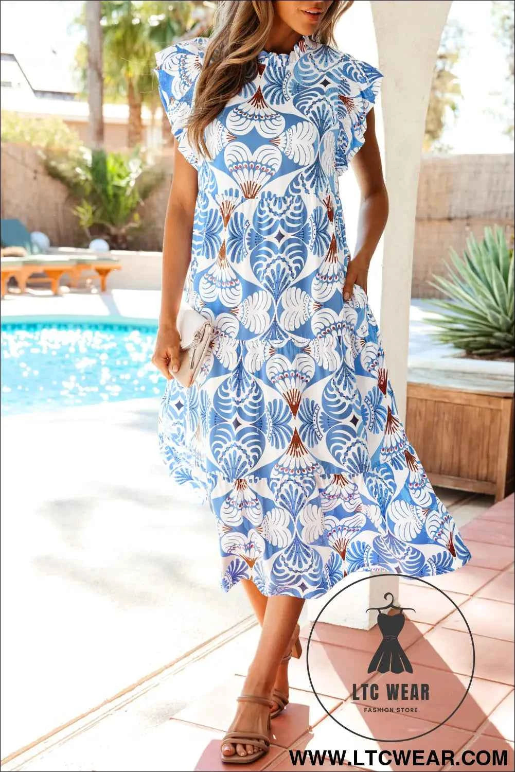 Sky Blue Tropical Botanic Print Flutter Sleeve Vacation Long Dress