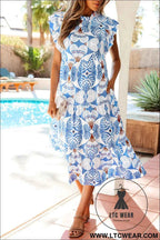 Sky Blue Tropical Botanic Print Flutter Sleeve Vacation Long Dress