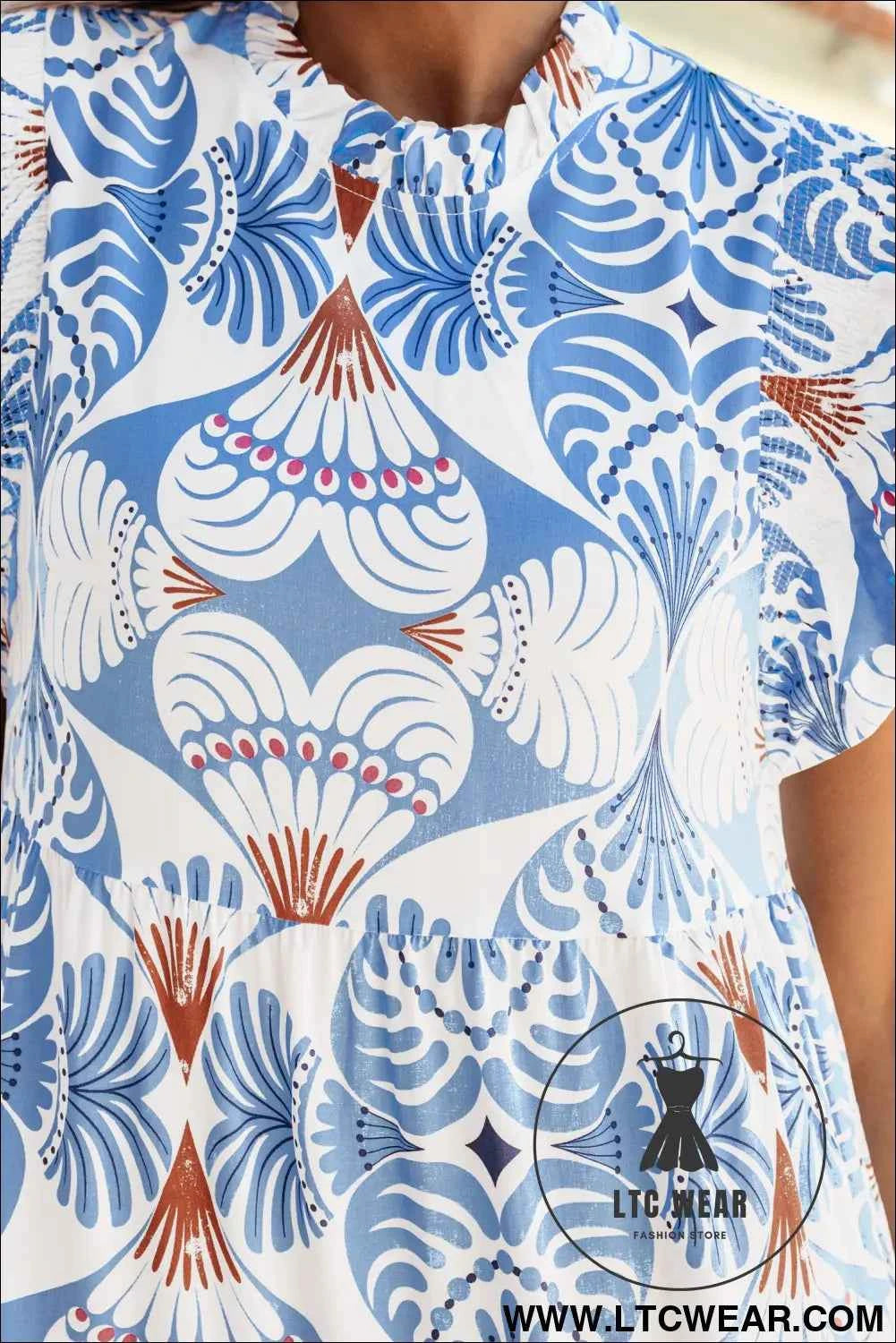 Sky Blue Tropical Botanic Print Flutter Sleeve Vacation Long Dress