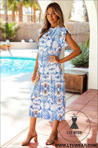 Sky Blue Tropical Botanic Print Flutter Sleeve Vacation Long Dress
