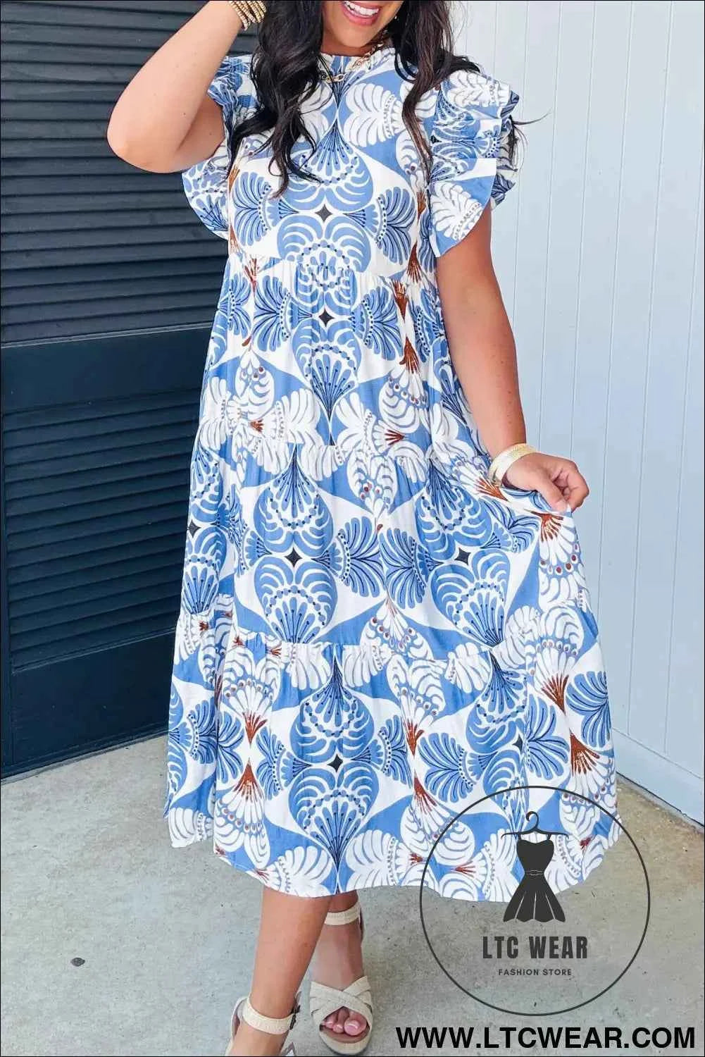 Sky Blue Tropical Botanic Print Flutter Sleeve Vacation Long Dress