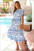 Sky Blue Tropical Botanic Print Flutter Sleeve Vacation Long Dress