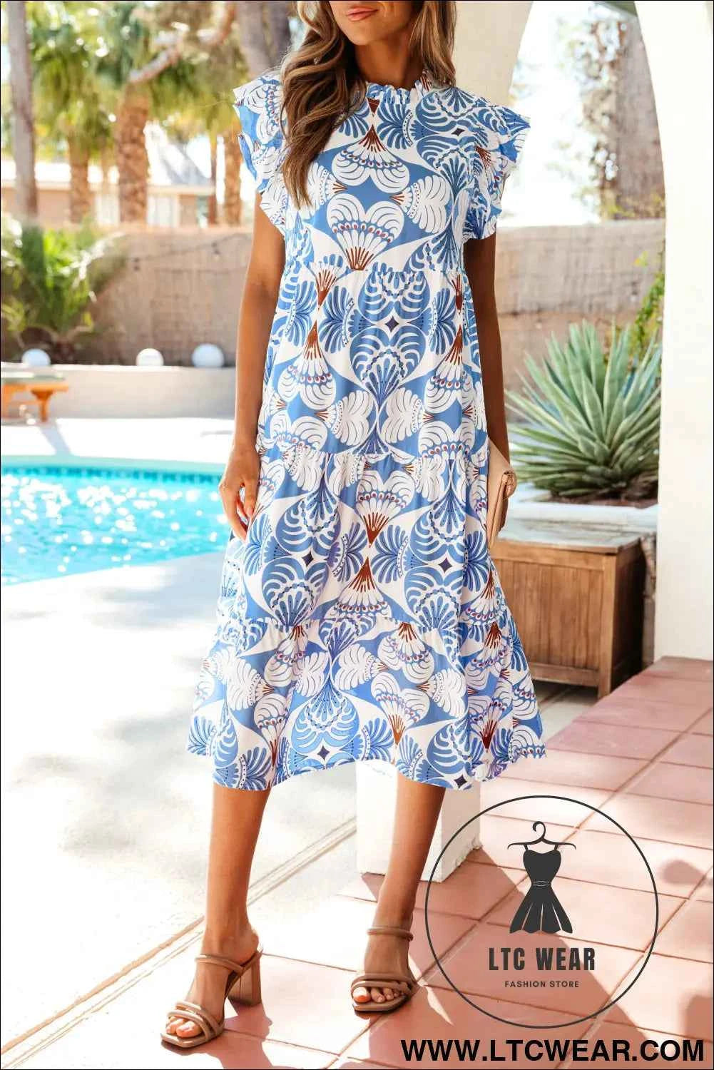 Sky Blue Tropical Botanic Print Flutter Sleeve Vacation Long Dress
