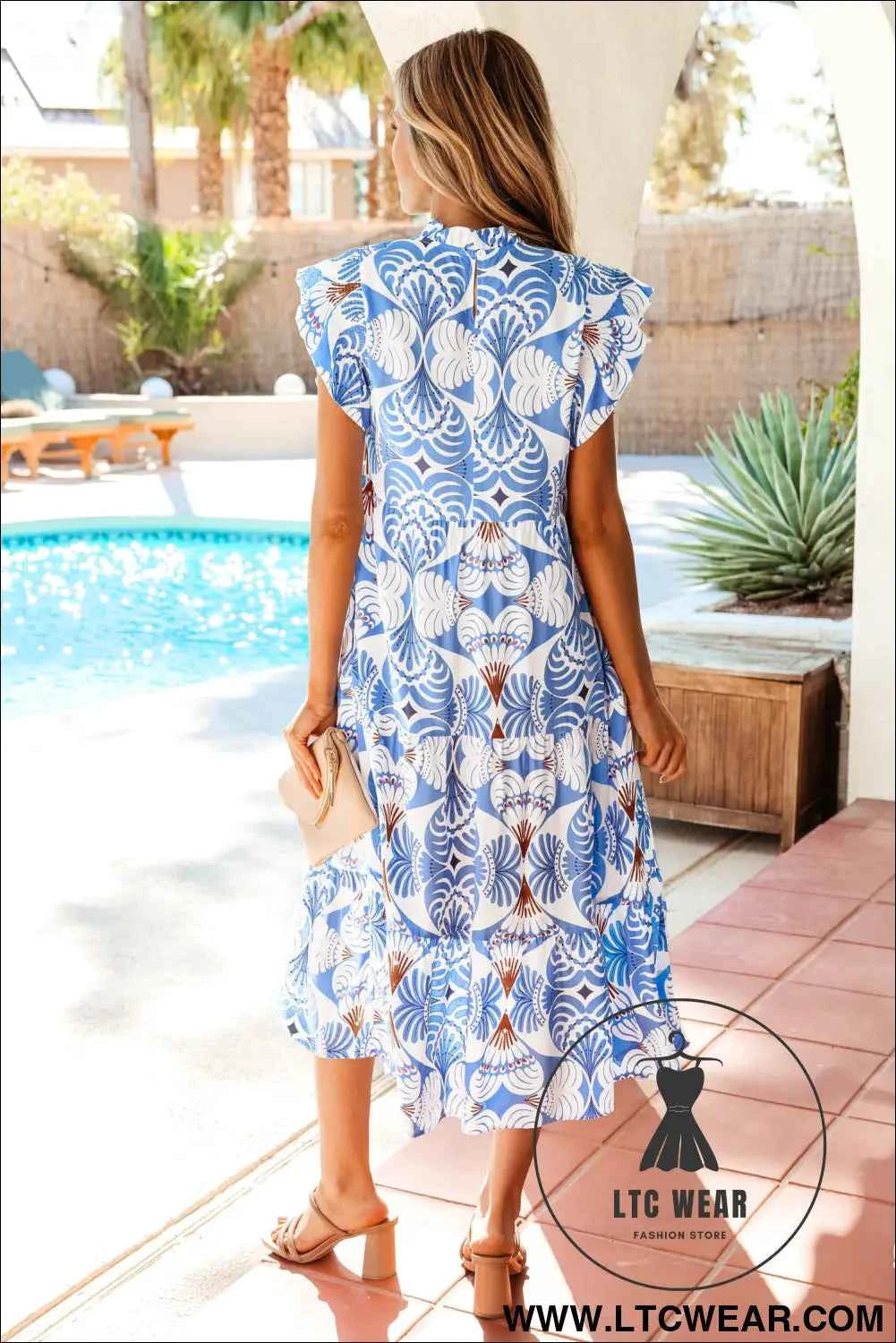 Sky Blue Tropical Botanic Print Flutter Sleeve Vacation Long Dress