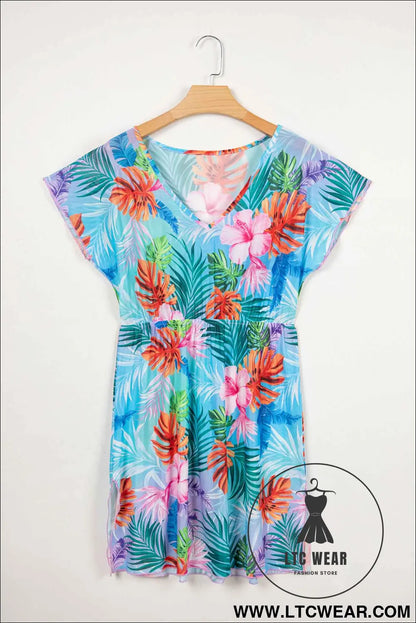 Sky Blue Tropical Print V Neck Semi Sheer Beach Cover Up Dress