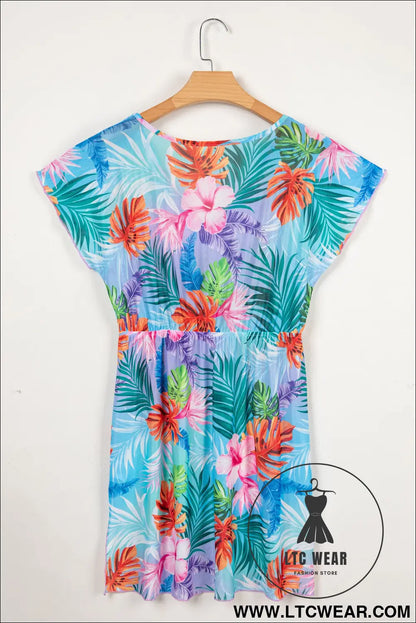Sky Blue Tropical Print V Neck Semi Sheer Beach Cover Up Dress - L.T.C Wear Online Fashion Store