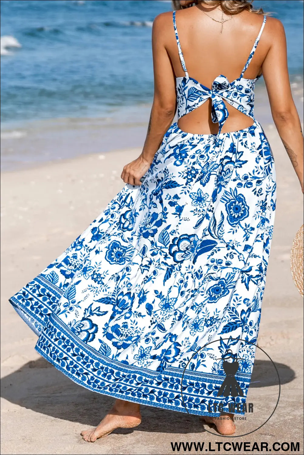 Sky blue twisted bust spaghetti straps backless floral maxi dress - floral dresses