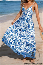 Sky blue twisted bust spaghetti straps backless floral maxi dress - floral dresses