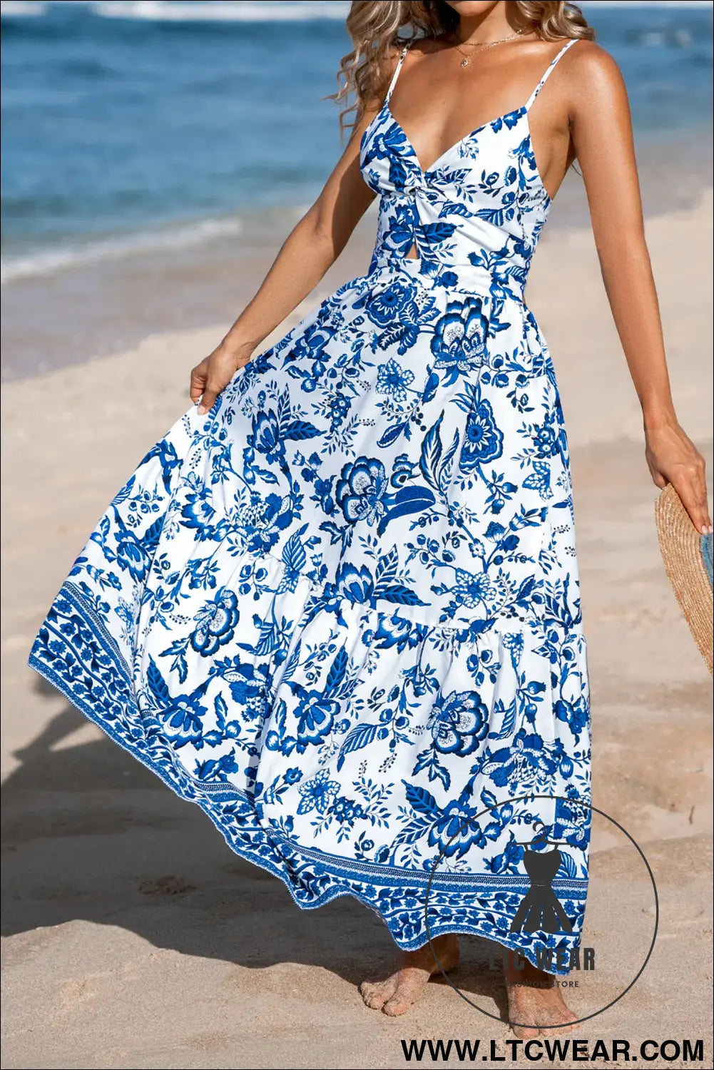 Sky blue twisted bust spaghetti straps backless floral maxi dress - floral dresses