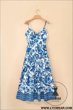 Sky blue twisted bust spaghetti straps backless floral maxi dress - floral dresses