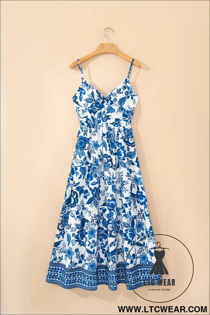 Sky blue twisted bust spaghetti straps backless floral maxi dress - floral dresses